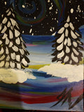 Signed Stylized Painting of Evening Snow Scene on Canvas