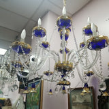 Czechoslovakia Chandelier 12 Light Crystal Overlay With Enamel  Cobalt Blue
