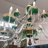 Czechoslovakia Chandelier 12 Light Crystal Overlay With Enamel green