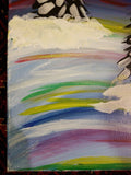 Signed Stylized Painting of Evening Snow Scene on Canvas