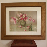 Vintage Asian Painting Still Life Green Flower Vase