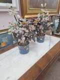 2 Hand Painted Japanese Flower Pots With Artificial Flowers With Jade 3.5" Diam